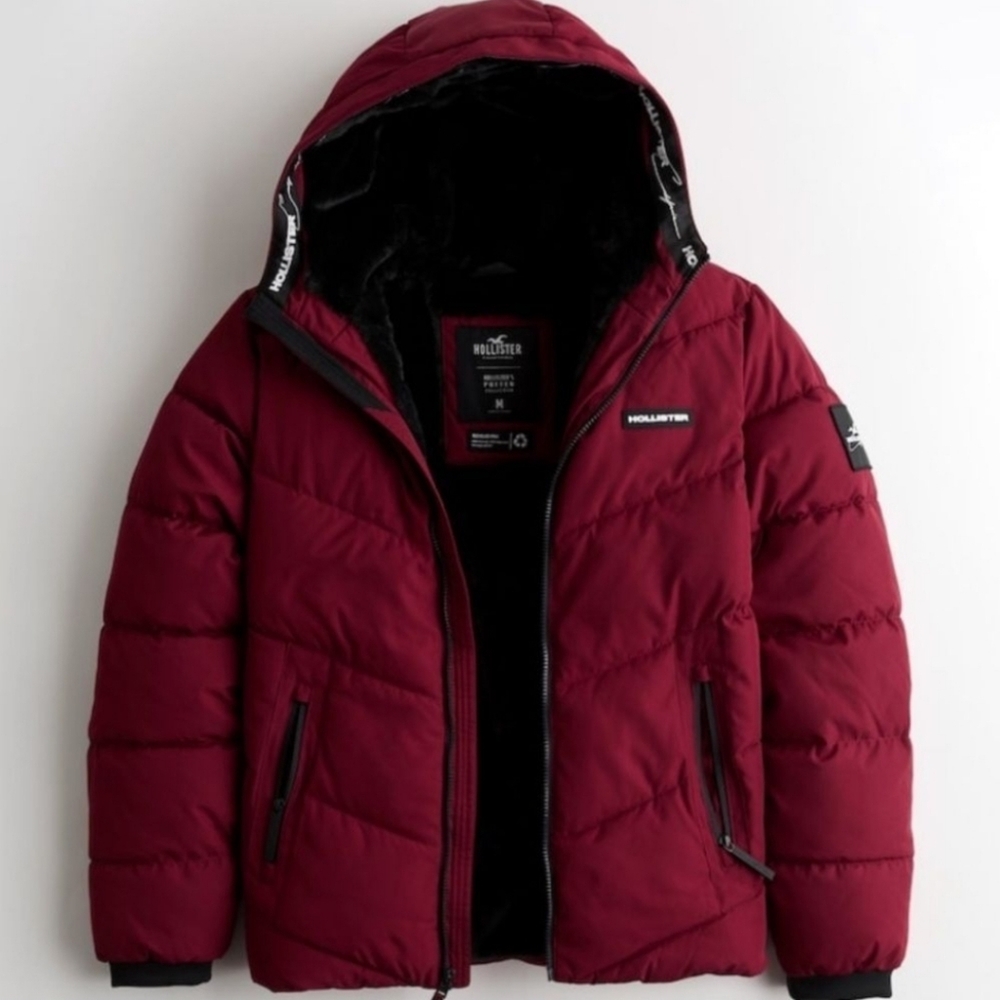 RARE HOLLISTER FAUX FUR LINED PUFFER JACKET COAT GREY MENS SIZE XL Burgundy